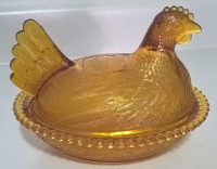 Vintage Indiana Glass Amber Carnival Glass Chicken Candy Dish