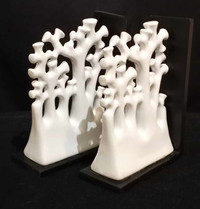 Pair Chic Ceramic White Coral Bookends with Black Wood Bases