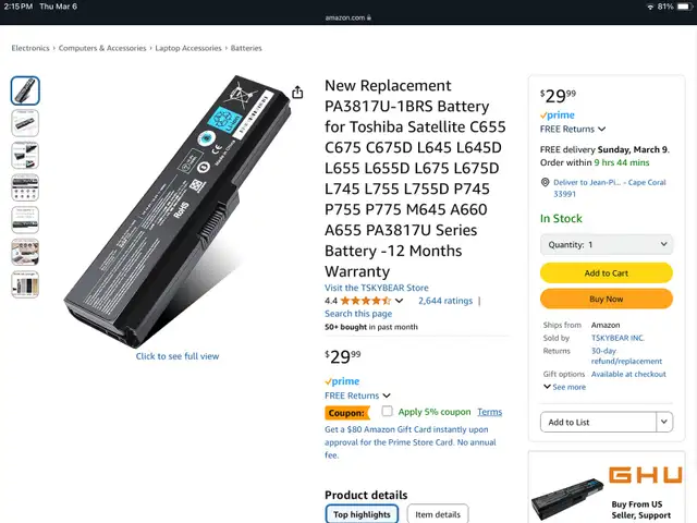 laptop battery for Toshiba Satellite in Laptops in Kingston - Image 2