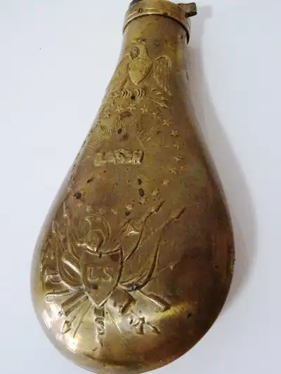 US PEACE powder flask USA brass EAGLE stars … most likely a civil war reproduction but, not sure the...