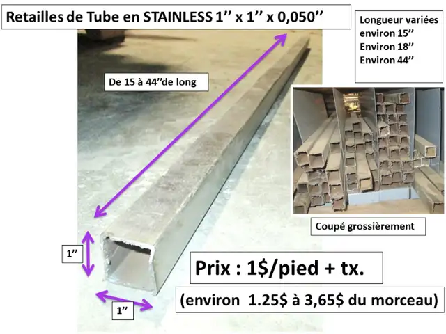 Tube en Stainless 1''x1'' x 0.050'' d'épais, de 15'' à 44'' in Other in Thetford Mines - Image 2