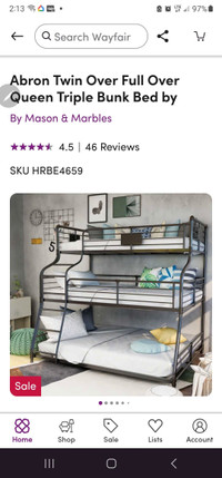 Triple bunk bed, twin over double over queen