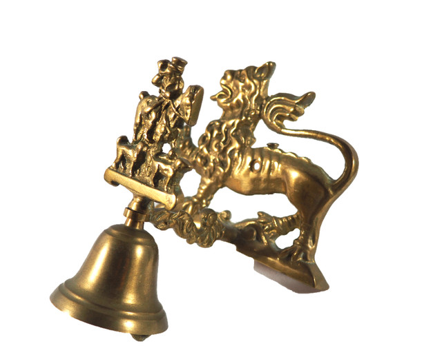 Brass Wall Bell with Lion and Fox Hunter with Dogs in Arts & Collectibles in St. Albert