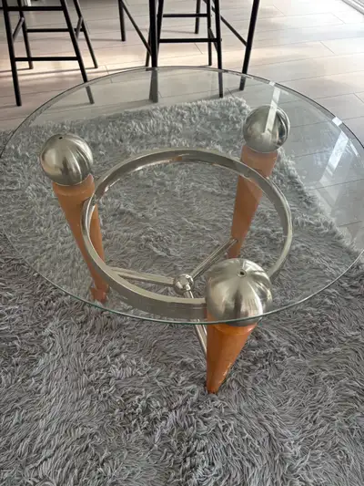 Mid-Century Modern Glass Top Coffee Table with Wood and Chrome , View more
