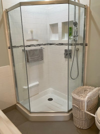 Corner Shower Base & Doors + Wall Faucet