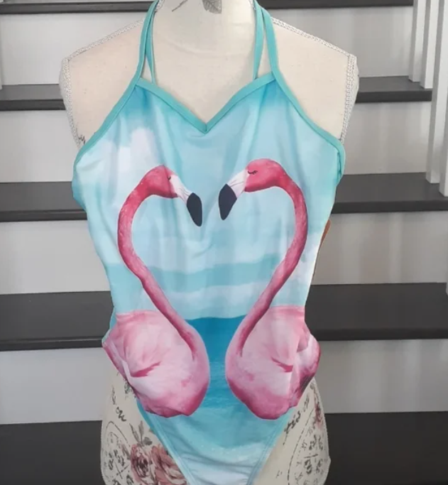 Gymboree girl blue one-piece bathing suit w flamingos Size Large