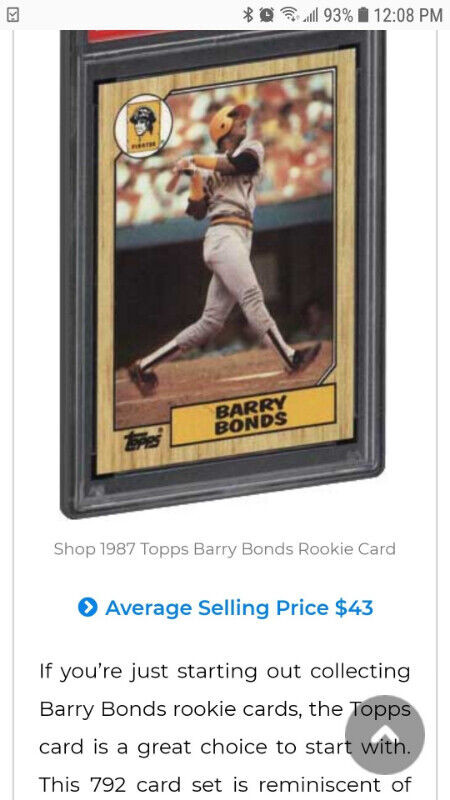 Barry Bonds Rookie Baseball Card (Pittsburgh Pirates) in Arts & Collectibles in Victoria - Image 3