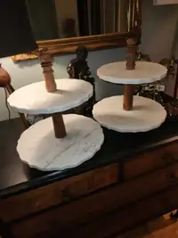 2 × Two-Tiered Marble and Wood Servers from Crate and Barrel 
