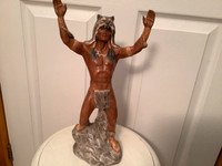 Vtg Native American Ceramic Warrior Figurine & a Wolf Head Dress
