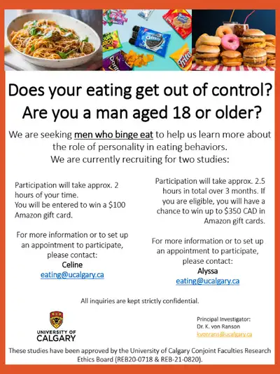 Does your eating get out of control? Do you have eating binges? Are you a man age 18 or older? Unive...