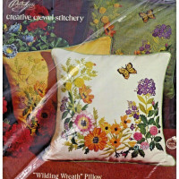 VTG WILDING WREATH Crewel Pillow Kit Wildflowers Butterfly