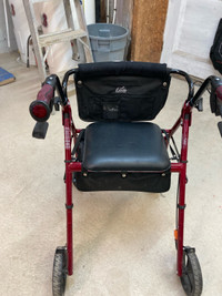 Red Four Wheel Walker with Seat and Brakes 