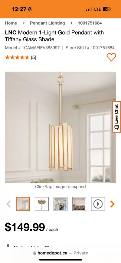 LNC Modern 1-Light Gold Pendant with Tiffany Glass Shade BRAND NEW IN BOX $100 Retails for $149+tax...