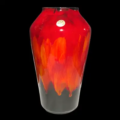 For sale is a large mid-century modern Canadian art pottery vase with stunning flambé glaze, oozing...
