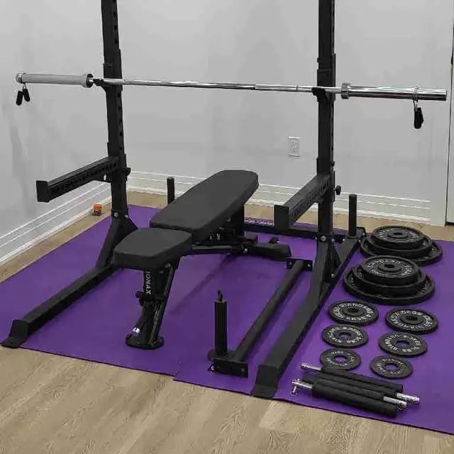 Squat rack with bar, bench, weights and pulldown attachment
