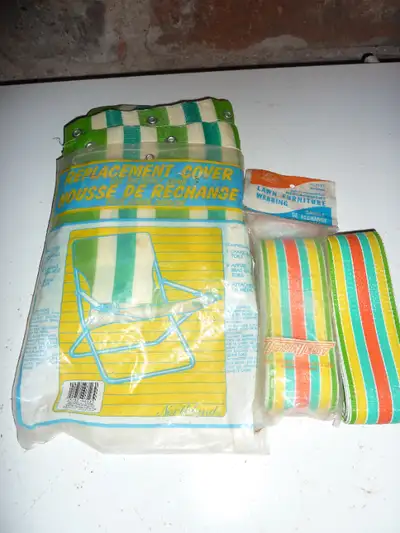 I have 3 packages of brand new lawn chair replacement webbing. Do it yourself and fix your favourite...