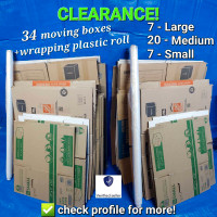 CLEARANCE! 34 Moving Boxes + Big Wrapping Plastic Roll 