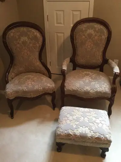 Lovely hand carved Mr. & Mrs. Chairs and footstool Beautiful beige floral chinoiserie cut velour wit...