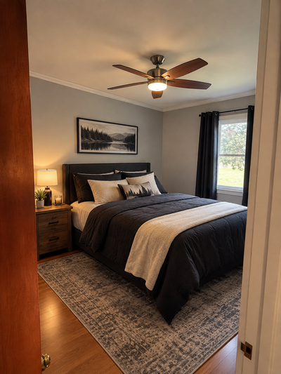This cozy and well-appointed room in Amherstview offers a comfortable shared living space with moder...