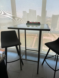 GLASS HIGH TOP BAR TABLE AND 2 STOOLS (CONDO SIZE) FOR SALE