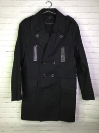 Mackage Prince Trench Coat Jacket Black Cotton Leather Trim Mens