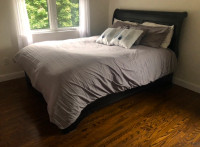Sleigh Bed Style Black Wood Queen Bed with Box Spring