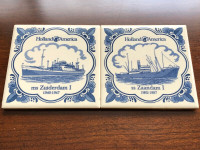 Vintage Blue Delft Tile Coasters Holland America Line set of 2