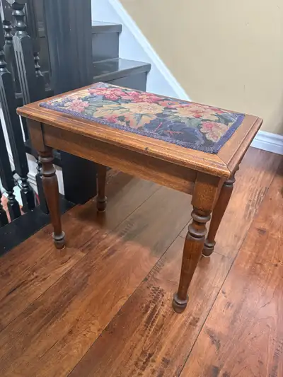 Vintage OAK SIDE TABLE with Floral Tapestry Seat, $20, View more
