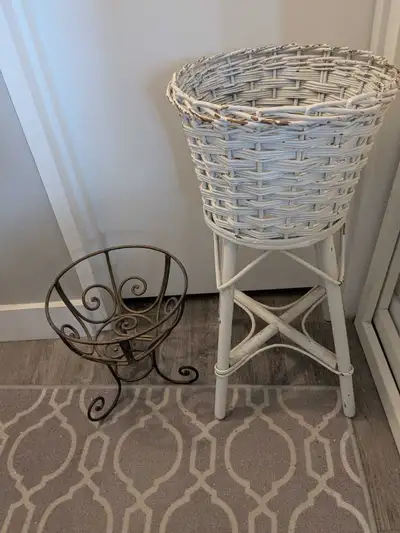 Two Plant stands, wicker, metal, View more