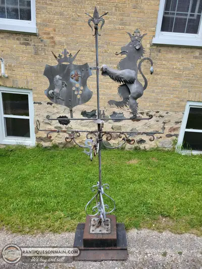 Very large wrought iron weathervane measuring approximately 7' tall. Came out of Quebec as indicated...