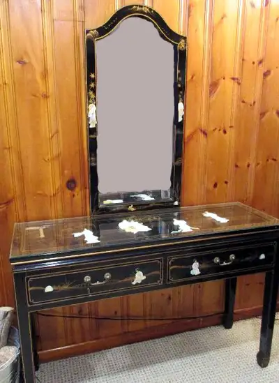 Asian laquer and mother of pearl dresser/hall stand with mirror, View more