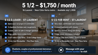 Bel appartement 5 1/2 près du métro Côte-Vertu dans le quartier St-Laurent, disponible le 1er juille...
