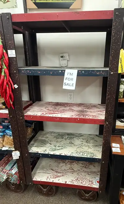 Rustic cart shelf display on rustic wheels • 6’x 32.5”Wx17”D, View more