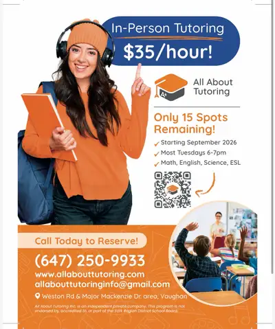 In-person tutoring for Math & English. Tutoring program is being run by OCT certified teachers who k...