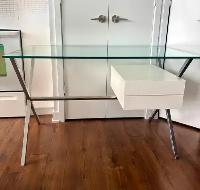 Desk Chrome X-Legs & Glass Top with White Floating Drawers, View more