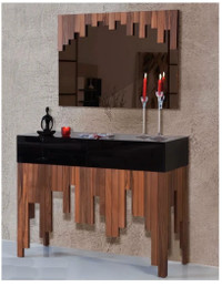 Black Wooden Console Table with Mirror, Glass Top, Storage Space