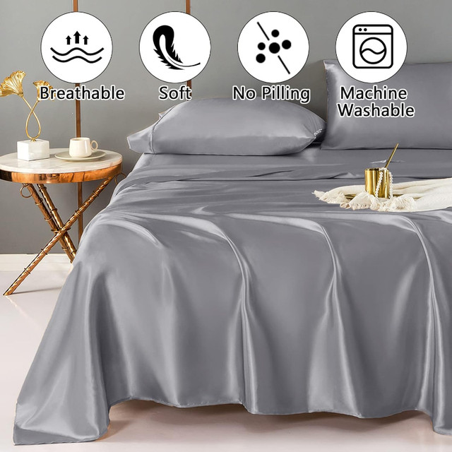4 PC Silver Grey Satin Sheet Set • 17" Deep Pocket • Queen Size in Bedding in Barrie - Image 2