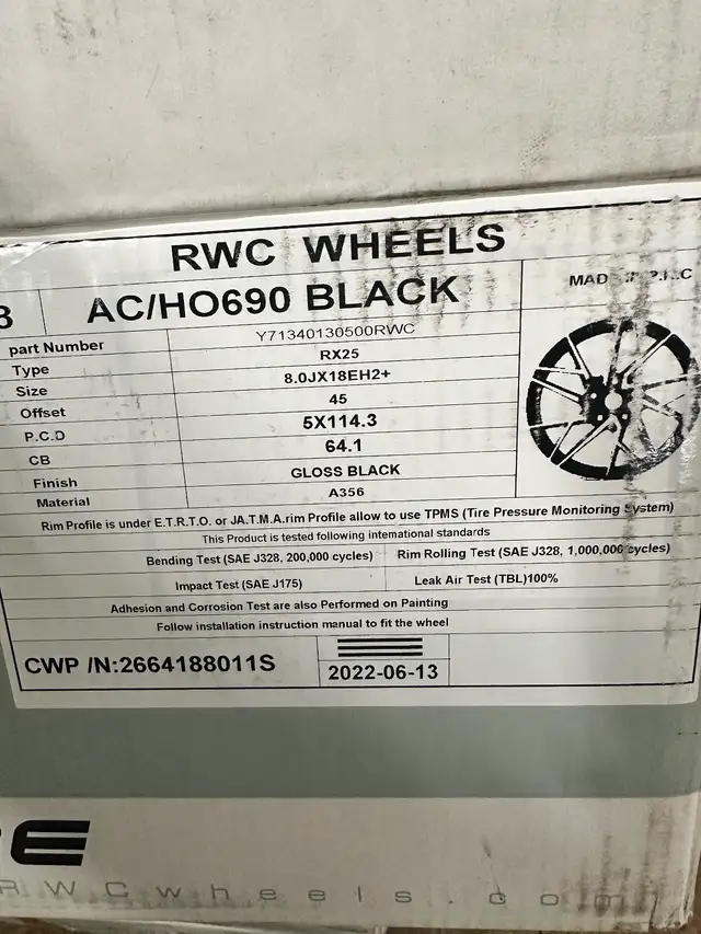 18”x8 5x114.3, Brand new, still in boxes, black RWC alloy wheels in Tires & Rims in Cambridge - Image 3