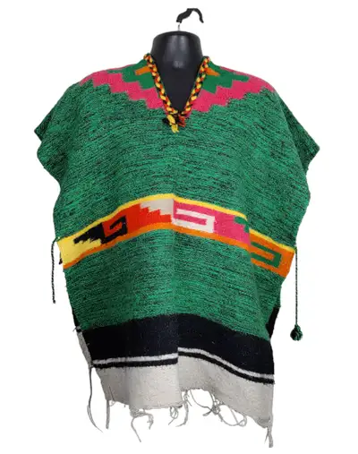 Colourful vintage, possibly 80s, poncho from Mexico! Beautifully woven knit with string to tie by th...