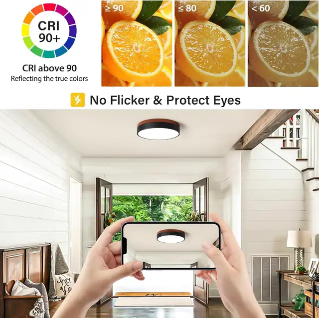 Dimmable LED Ceiling Light, Black Wood Flush Mount, 5 CCT, 11.8 in Indoor Lighting & Fans in Oshawa / Durham Region - Image 6