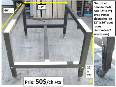 Chariot (table)  46'' x 41'' en tube de métal noir (2'' x 2''), View more