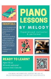 BEGINNER PIANO LESSONS - ALL AGES; OAKVILLE & DOWNTOWN TORONTO