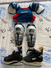 Skates, shin guards, chest guard- like new kids/youth small