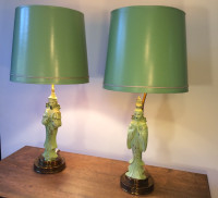 1950's PAIR 26" Celadon Porcelain CHINESE FIGURAL LAMPS w Bronze