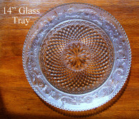 Vintage 14” Round Glass Tray, pressed clear glass decorated cuts