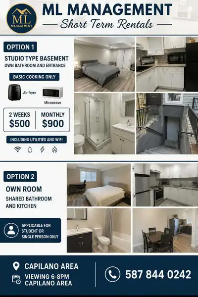ML MANAGEMENT – Basement Studio for Rent Perfect for someone who doesn't cook much! ✨ Studio-Type Ba...