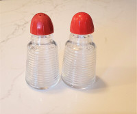 Vintage Ribbed Glass Salt & Pepper set with Red Tops