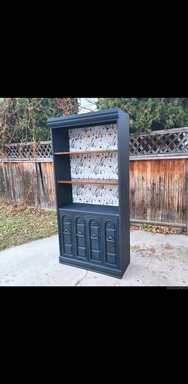 Beautiful Hutch Coffee Bar Display Navy Blue Refinished Style Hutches