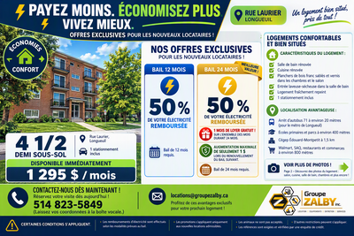 4 ½ à louer - Rue Laurier, Longueuil - 1 295 $/mois ✅ Disponible immédiatement Profitez d'une offre...