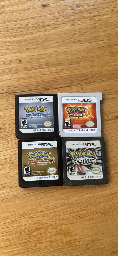 Pokémon Cartridges, no cases. HeartGold - $250 Soulsilver - $250 Platinum - $200 Sun - $30 Open to r...